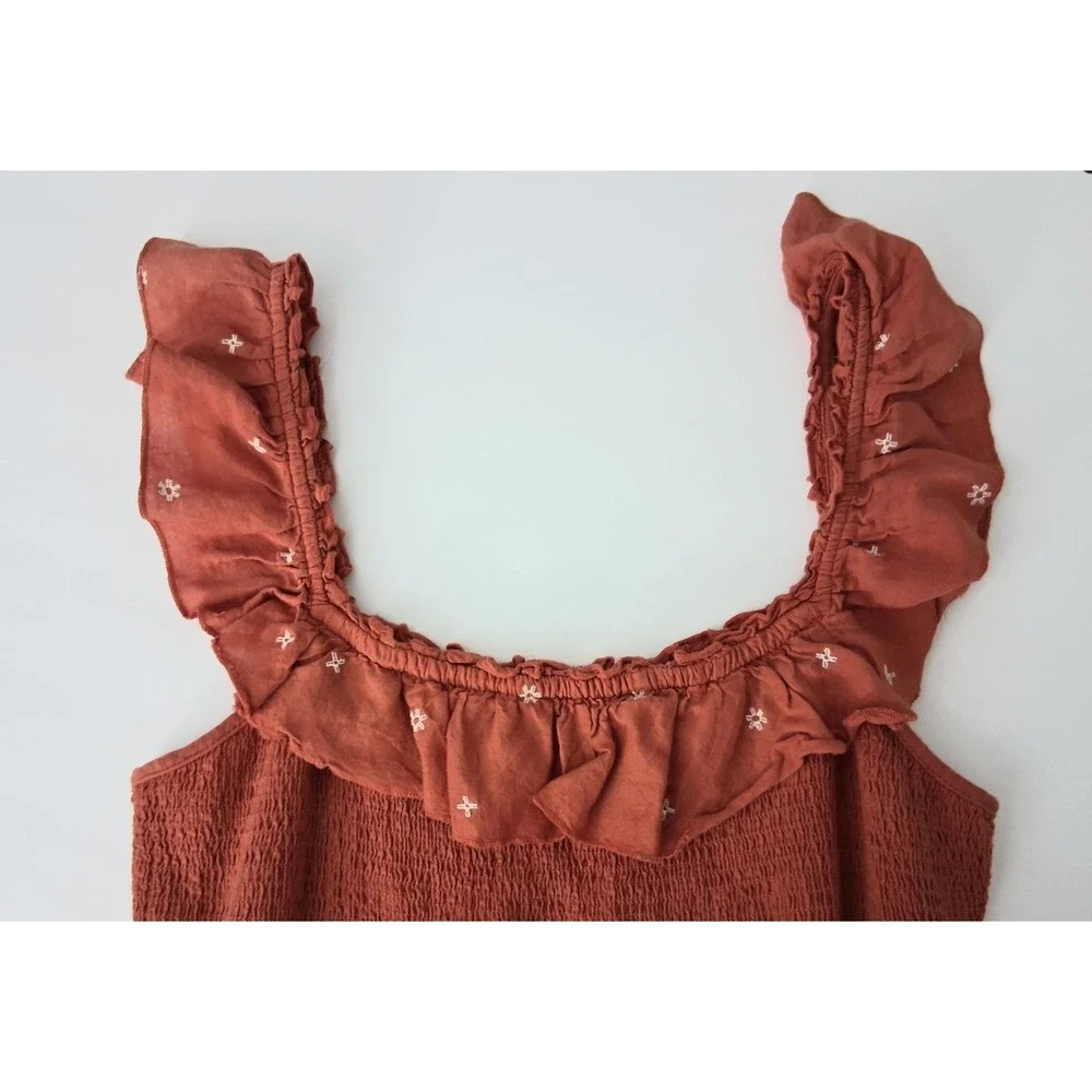 Old Navy Maxi Dress Medium Tall Orange Smocked Embroidered Tiered Cottagecore - Picture 3 of 12